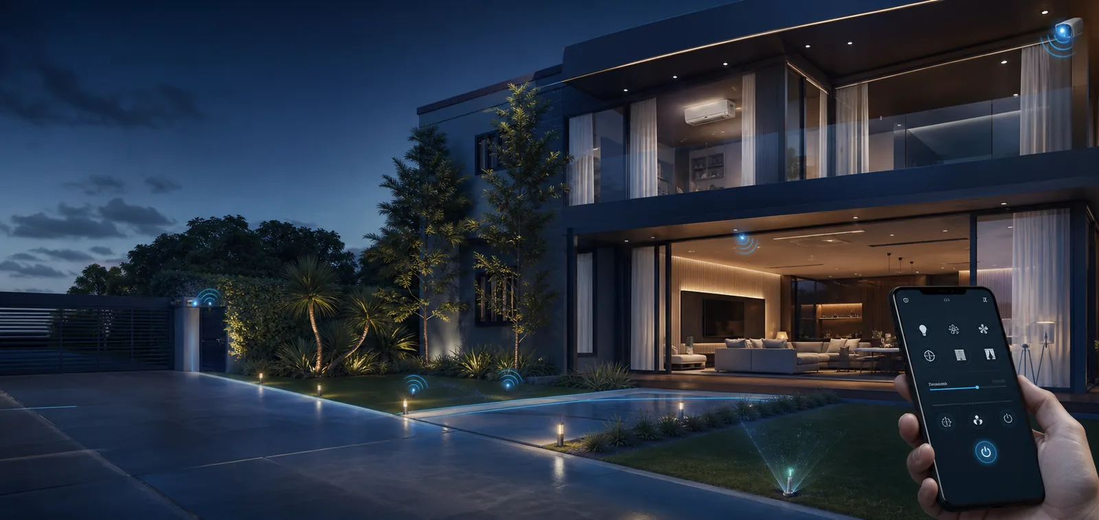Residência moderna com iluminação, climatização, cortinas, segurança, portão e irrigação automatizados